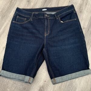 Old Navy Bermuda Jean Shorts Womens Sz 12 Dark Blue Stretch Denim Cuffed Midrise